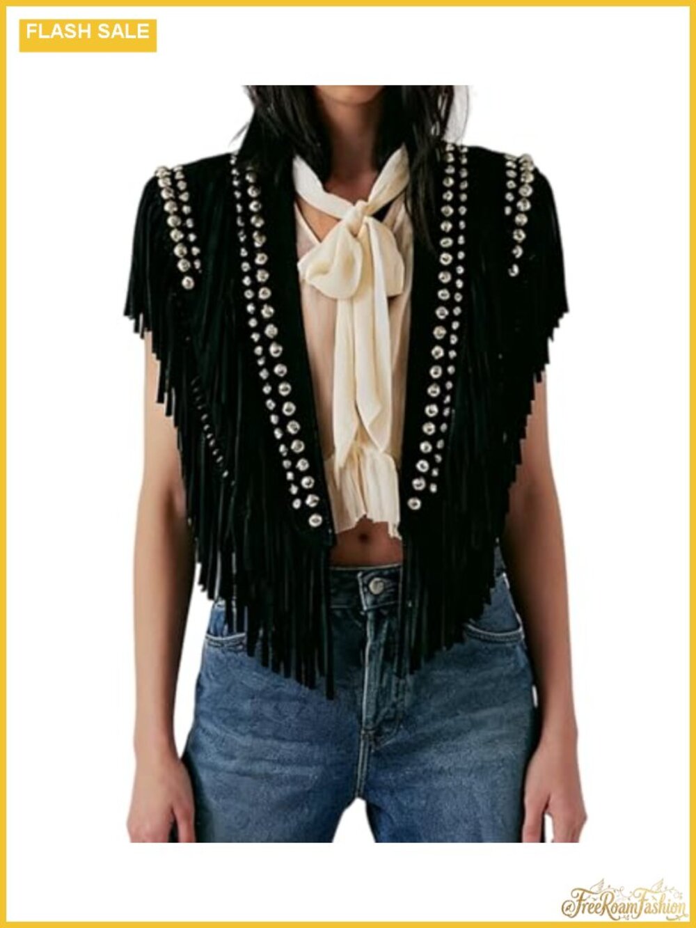 Faux Suede Studded Fringe Vest Open Front Wrap Poncho One Size